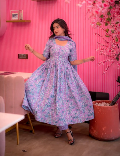Lavender Floral Printed Anarkali Kurta with Dupatta