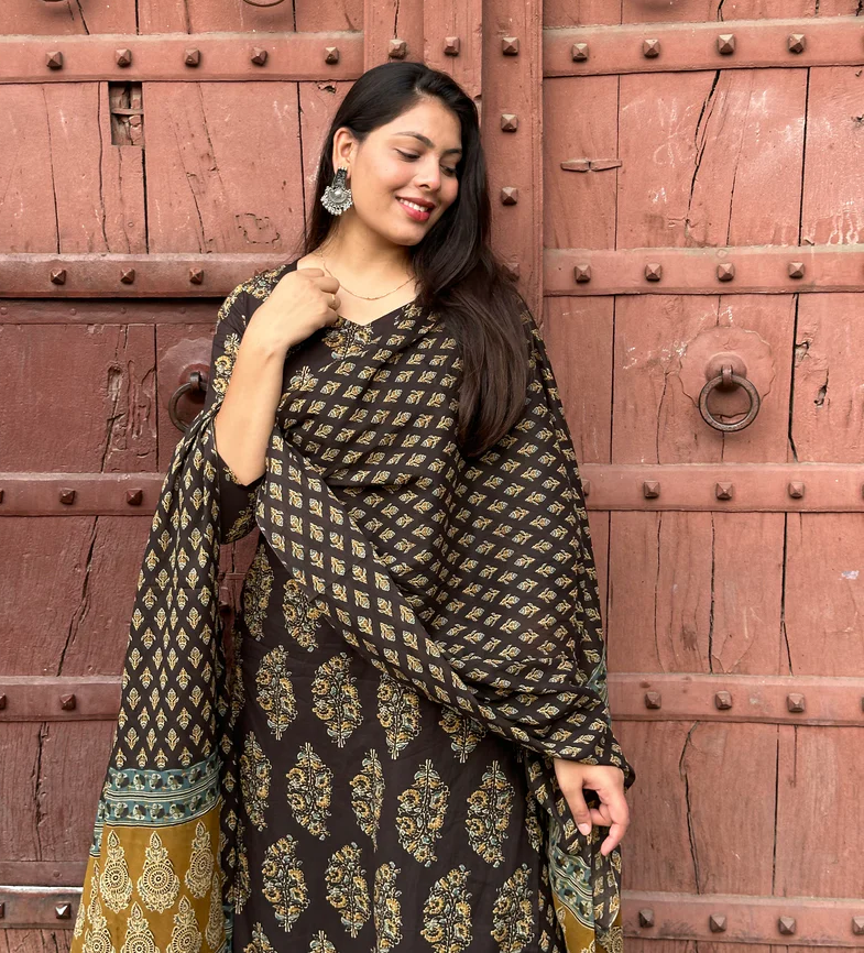 Graceful Black Printed Suit with Contrasting Dupatta