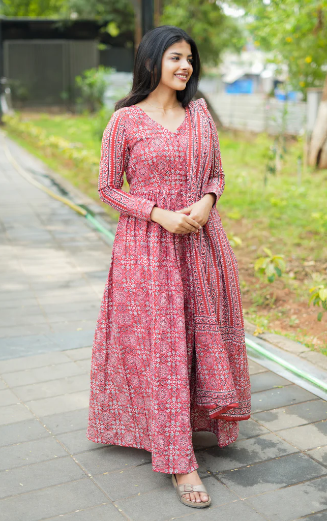 Elegant Red Block Print Anarkali Dress