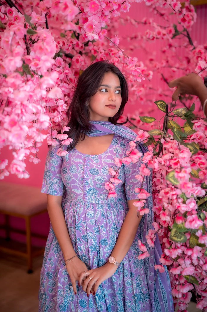 Lavender Floral Printed Anarkali Kurta with Dupatta