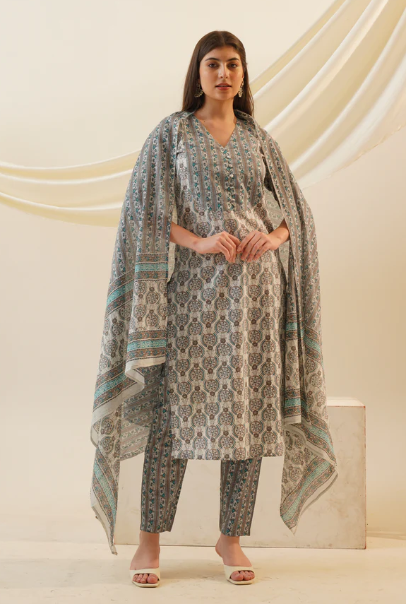 Classic V-Neck Kurta Set with Dupatta