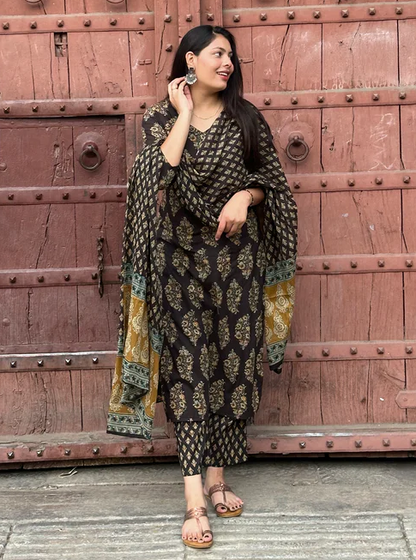 Graceful Black Printed Suit with Contrasting Dupatta