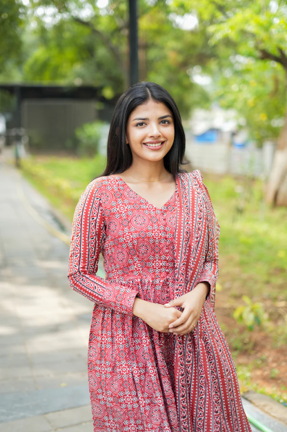 Elegant Red Block Print Anarkali Dress