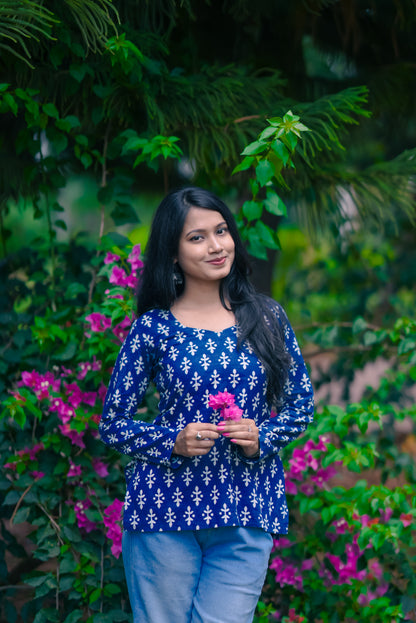 Indigo Blue Handblock Cotton Short Kurti for Women