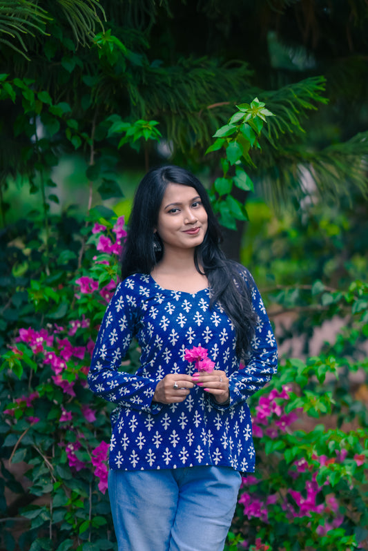 Indigo Blue Handblock Cotton Short Kurti for Women