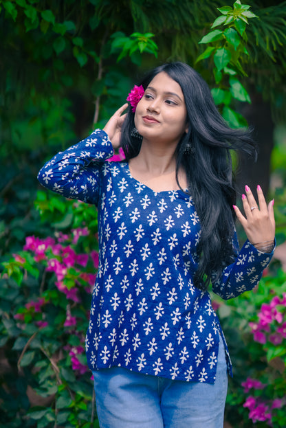 Indigo Blue Handblock Cotton Short Kurti for Women