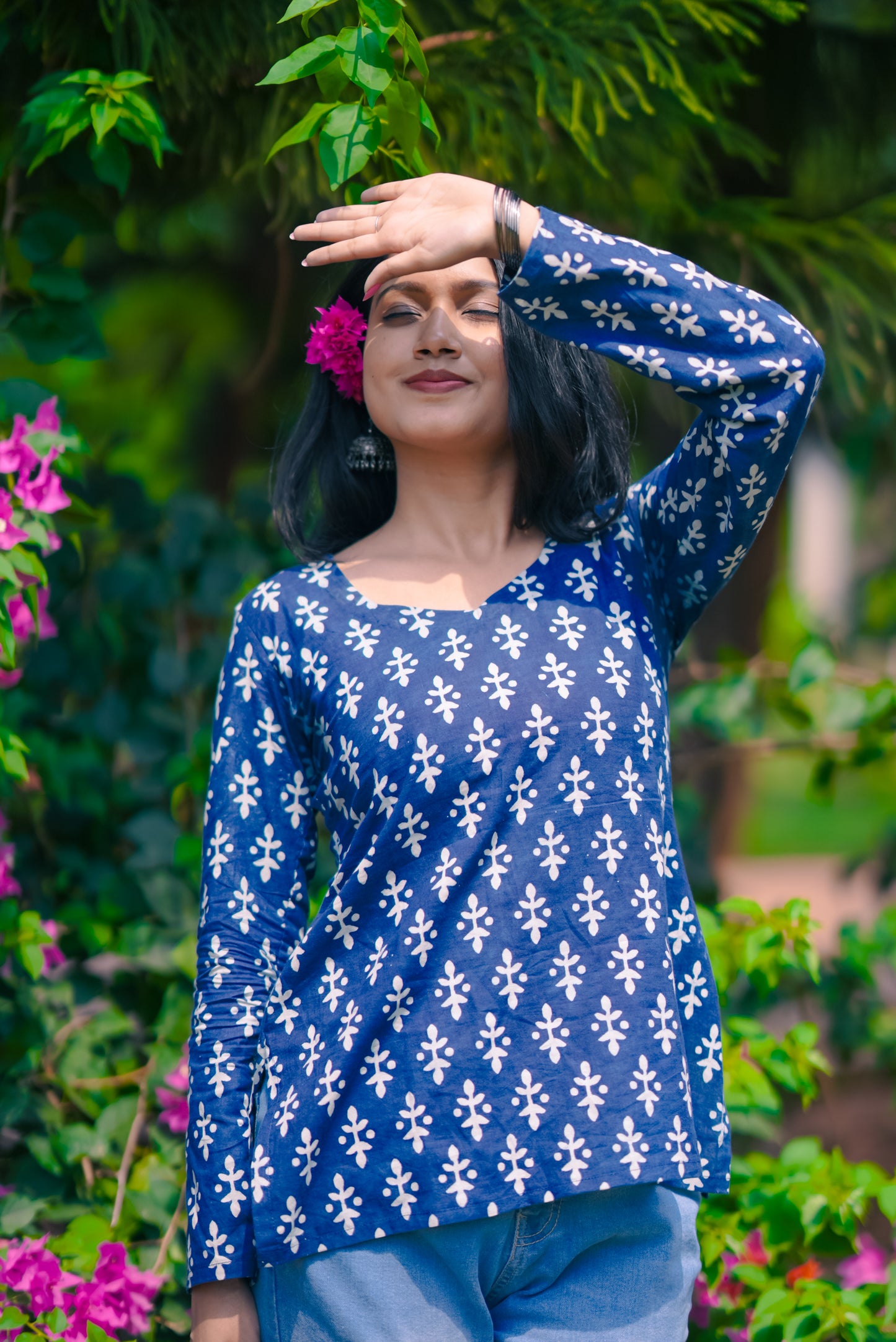 Indigo Blue Handblock Cotton Short Kurti for Women