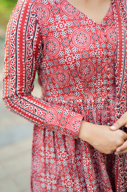 Elegant Red Block Print Anarkali Dress