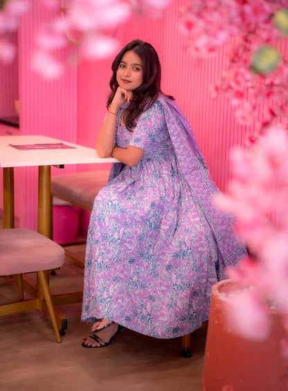 Lavender Floral Printed Anarkali Kurta with Dupatta