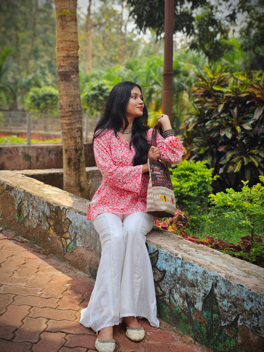 Pink Handblock Cotton Short Kurti for Women