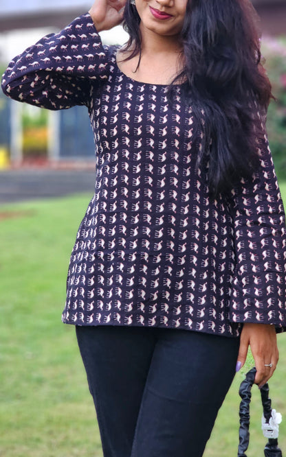 Black Handblock Cotton Short Kurti for Women