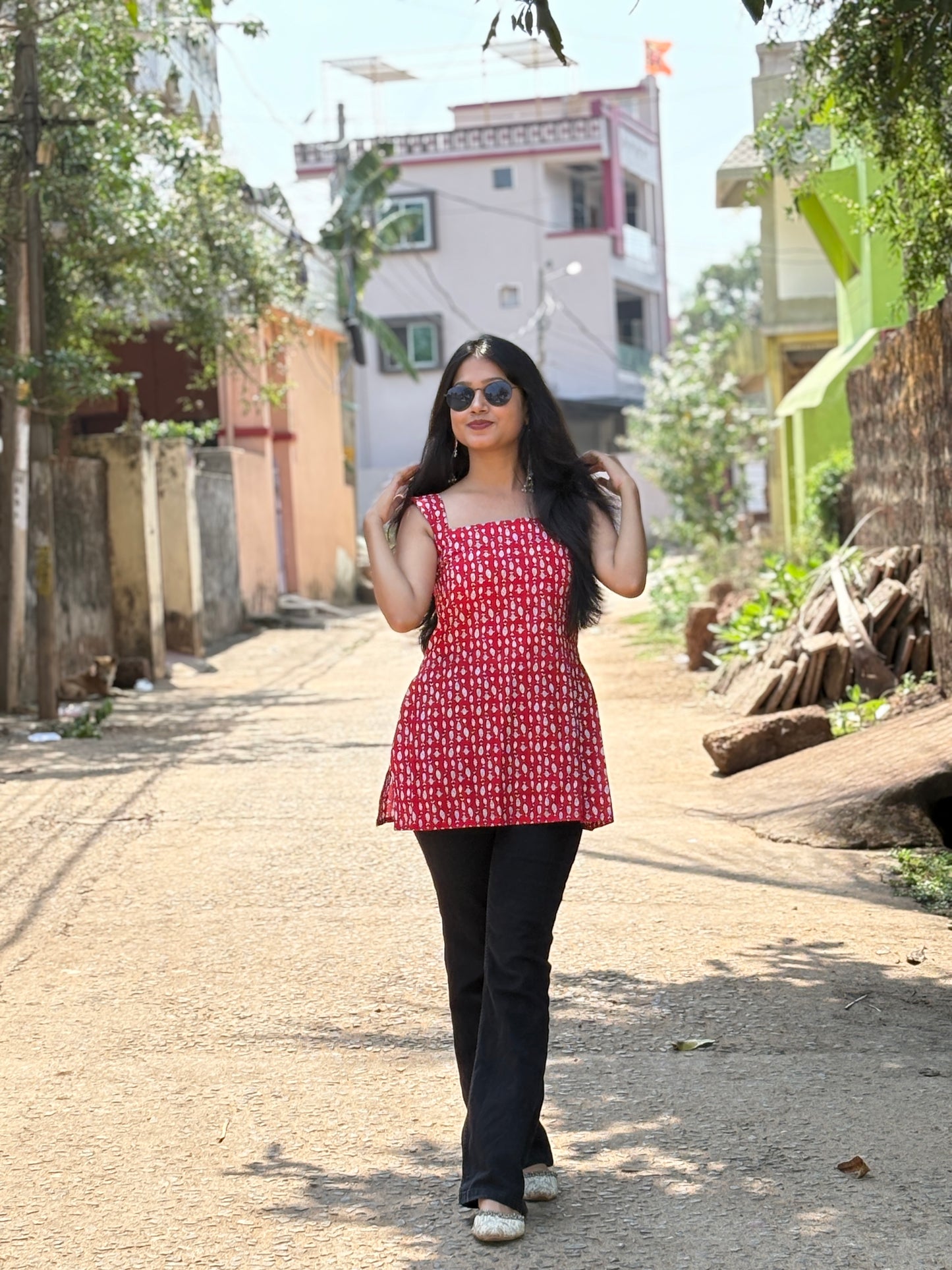 Red Handblock Cotton Short Kurti for Women
