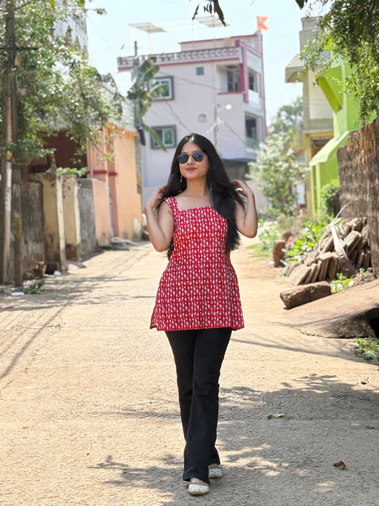 Red Handblock Cotton Short Kurti for Women
