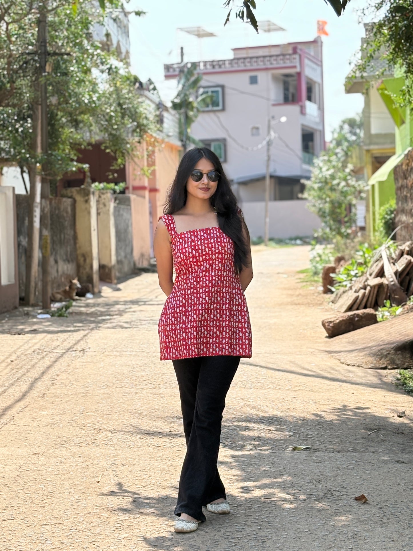 Red Handblock Cotton Short Kurti for Women