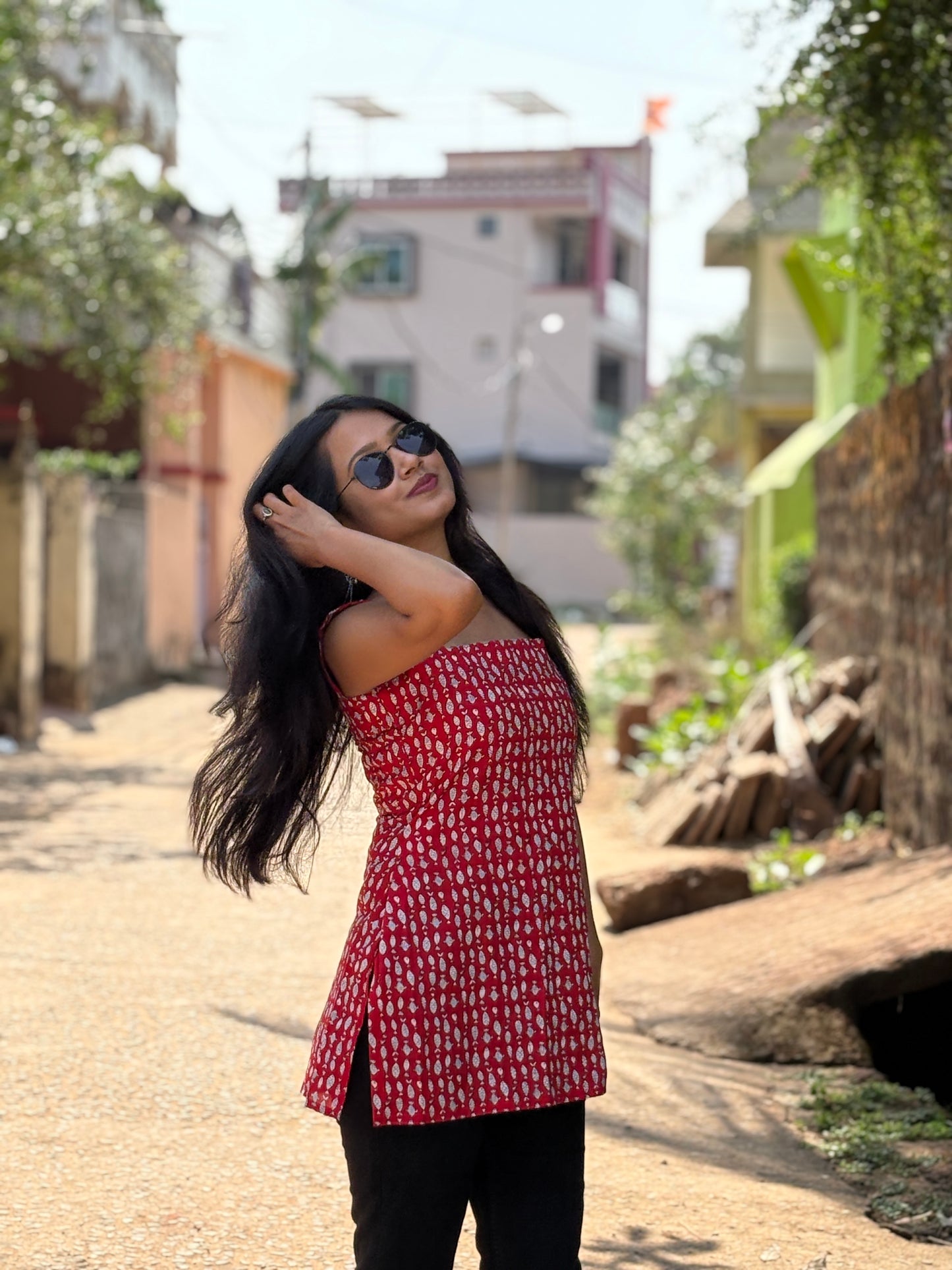 Red Handblock Cotton Short Kurti for Women