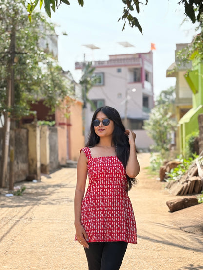 Red Handblock Cotton Short Kurti for Women