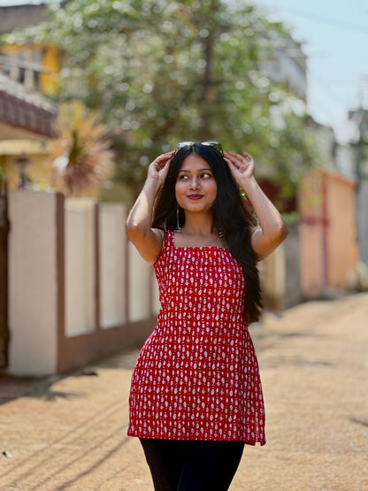 Red Handblock Cotton Short Kurti for Women