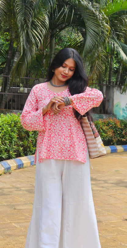 Pink Handblock Cotton Short Kurti for Women