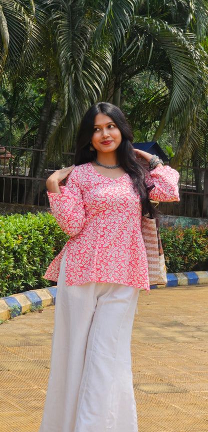 Pink Handblock Cotton Short Kurti for Women