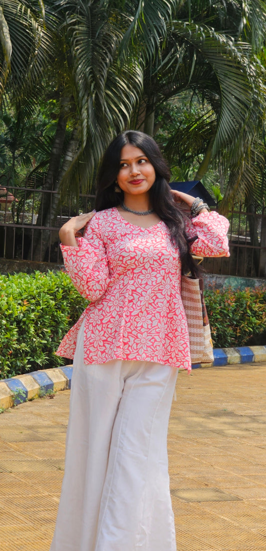 Pink Handblock Cotton Short Kurti for Women