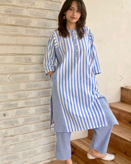 Blue Cotton Kurta Set for Women with Stripe