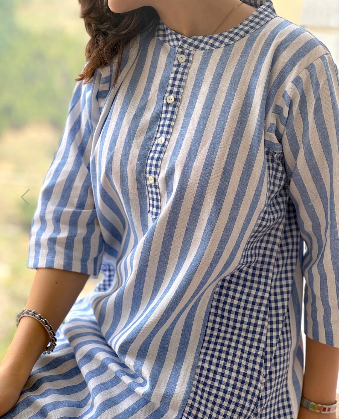 Blue Cotton Kurta Set for Women with Stripe