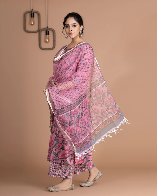 Elegant Pink Floral Three-Piece Traditional Outfit